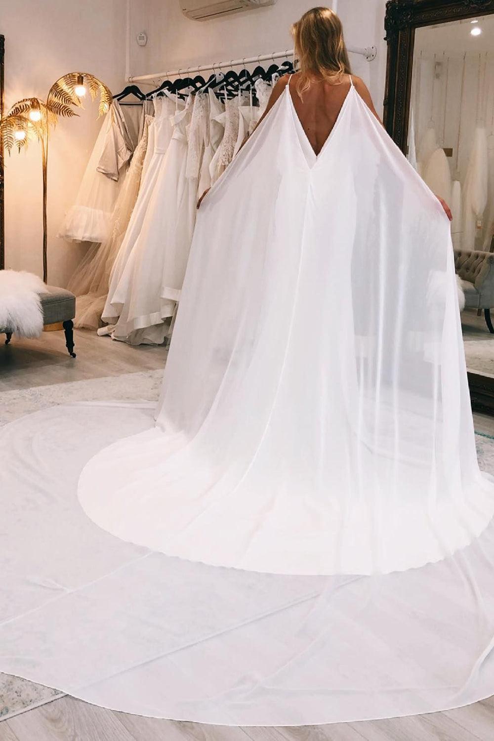 Simple White Watteau Train Boho Long Mermaid Beach Wedding Dress