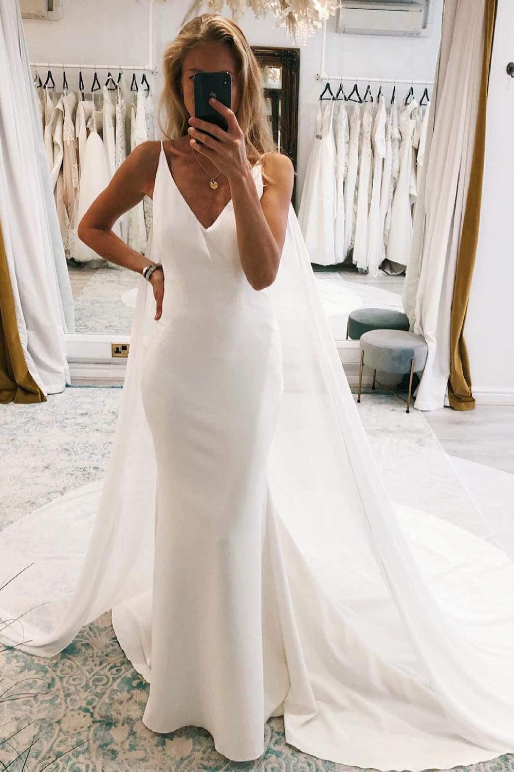Simple White Watteau Train Boho Long Mermaid Beach Wedding Dress