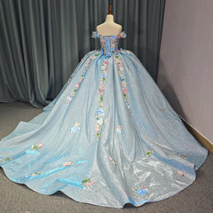 Sky Blue Gold Quinceanera Dress Ball Gown Sweetheart Sparkly Beaded Bow Sweet 16 Party Dress