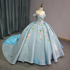 Sky Blue Gold Quinceanera Dress Ball Gown Sweetheart Sparkly Beaded Bow Sweet 16 Party Dress