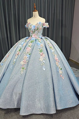 Sky Blue Gold Quinceanera Dress Ball Gown Sweetheart Sparkly Beaded Bow Sweet 16 Party Dress