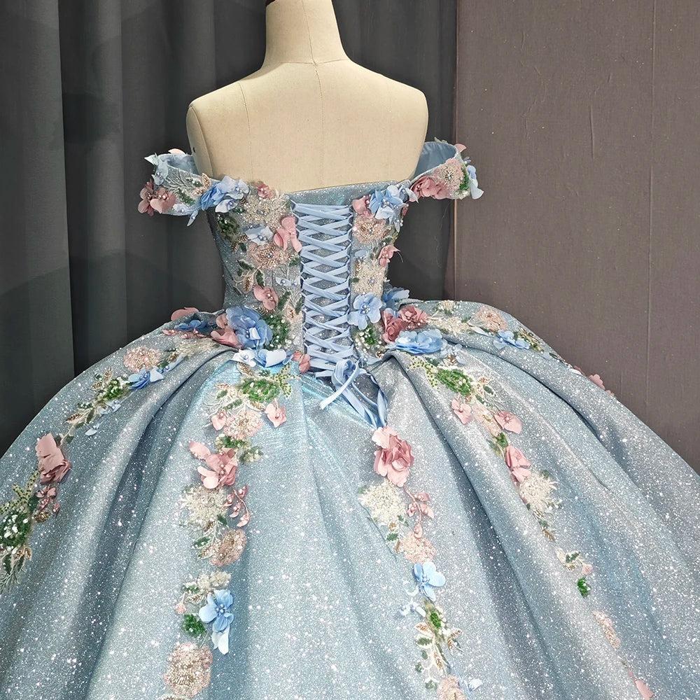 Dreamyannie Sky Blue Gold Quinceanera Dress Ball Gown Sweetheart Sparkly Beaded Bow Sweet 16 Party Dress – Dreamyannie UK