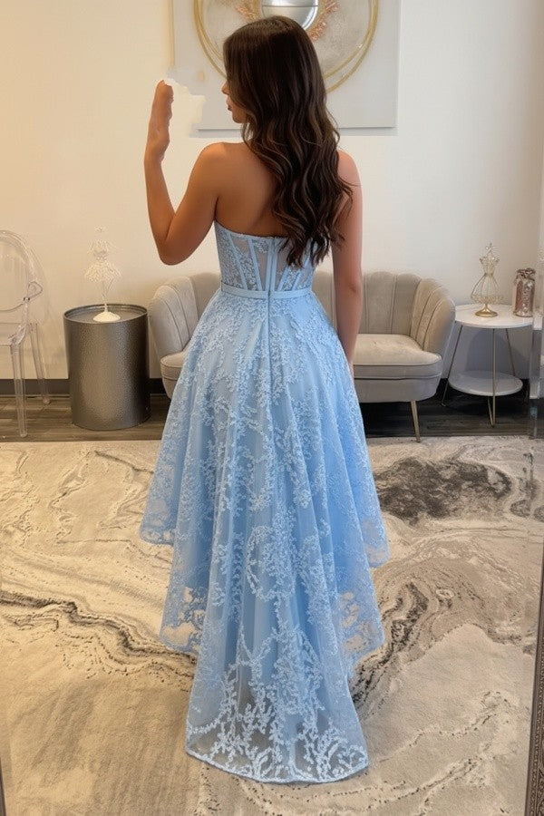 Sky Blue Lace A Line Prom Dress with Sheer Corset Bodice and High Low Hem