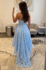 Sky Blue Lace A Line Prom Dress with Sheer Corset Bodice and High Low Hem