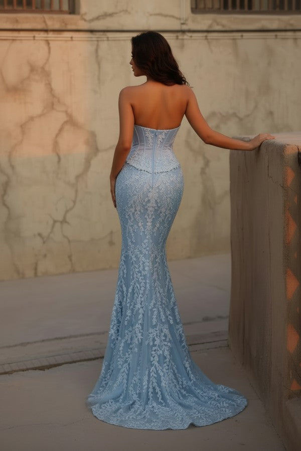 Sky Blue Lace Mermaid Prom Dress with Plunging Sweetheart and Corset Bodice