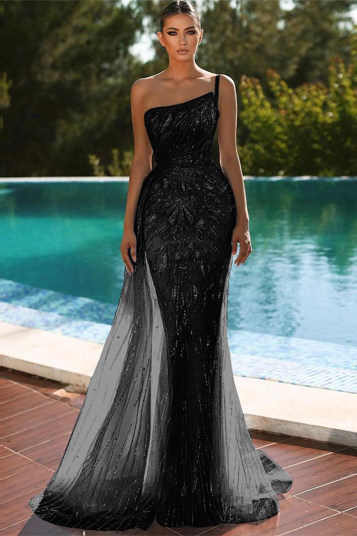 Sky Blue One Shoulder Mermaid Evening Dress with Sequins and Tulle