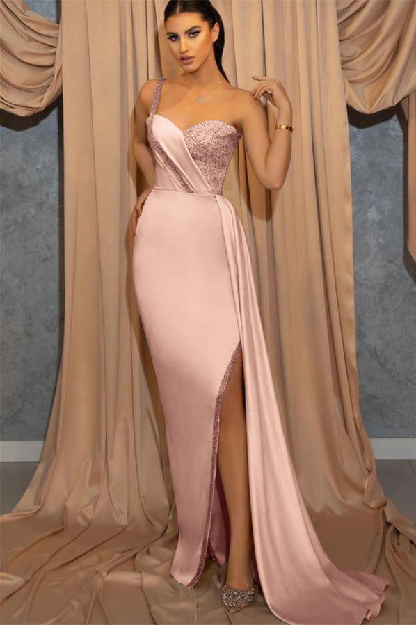 Sky Blue One Shoulder Spaghetti Strap Sweetheart Mermaid Evening Dress with Sequins Split