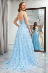 Sky Blue Prom Dress A Line Backless Beaded Appliques Long Evening Dress With Slit