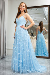 Sky Blue Prom Dress A Line Backless Beaded Appliques Long Evening Dress With Slit