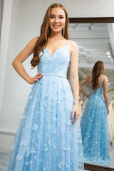 Sky Blue Prom Dress A Line Backless Beaded Appliques Long Evening Dress With Slit