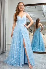 Sky Blue Prom Dress A Line Backless Beaded Appliques Long Evening Dress With Slit