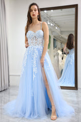 Sky Blue Prom Dress A Line Long Corset Appliqued Evening Dress With Slit