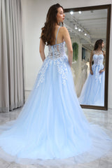 Sky Blue Prom Dress A Line Long Corset Appliqued Evening Dress With Slit