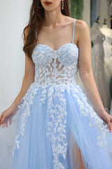 Sky Blue Prom Dress A Line Long Corset Appliqued Evening Dress With Slit