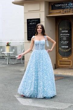 Sky Blue Prom Dress A Line Long Corset Evening Dress With Adjustable Straps