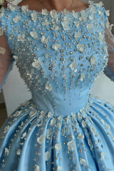 Sky Blue Prom Dress A Line Satin Rhinestones Formal Dress With Sleeves