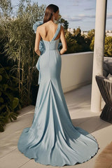 Sky Blue Wedding Guest Dress Chiffon One Shoulder Long Mermaid Evening Dress With Ruffles