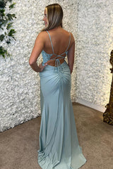 Sky Blue Prom Dress Floral Mermaid Ruche Spaghetti Straps Long Evening Dress With Slit
