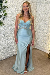 Sky Blue Prom Dress Floral Mermaid Ruche Spaghetti Straps Long Evening Dress With Slit