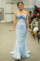 Sky Blue Prom Dress Floral Mermaid Strapless Long Evening Dress With Bow