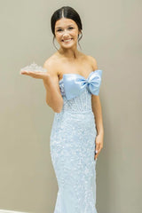 Sky Blue Prom Dress Floral Mermaid Strapless Long Evening Dress With Bow