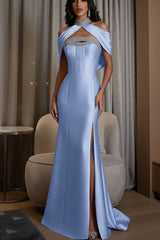 Sky Blue Satin Mermaid Prom Dress with Crystal Choker and Cape Sleeves
