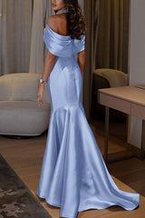 Sky Blue Satin Mermaid Prom Dress with Crystal Choker and Cape Sleeves