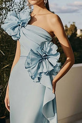 Sky Blue Wedding Guest Dress Chiffon One Shoulder Long Mermaid Evening Dress With Ruffles