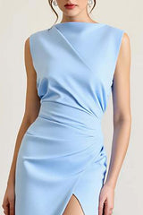 Sky Blue Wedding Guest Dress Satin Boat Neck Long Sheath Evening Dress With Slit