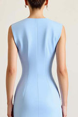 Sky Blue Wedding Guest Dress Satin Boat Neck Long Sheath Evening Dress With Slit