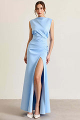 Sky Blue Wedding Guest Dress Satin Boat Neck Long Sheath Evening Dress With Slit