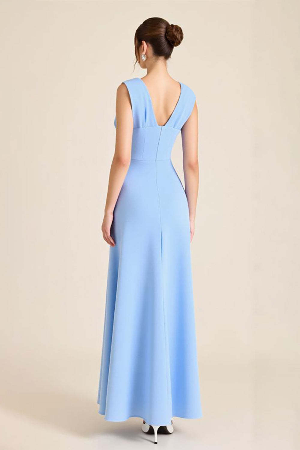 Sky Blue Wedding Guest Dress Satin Sheath V Neck Long Evening Dress With Flowers