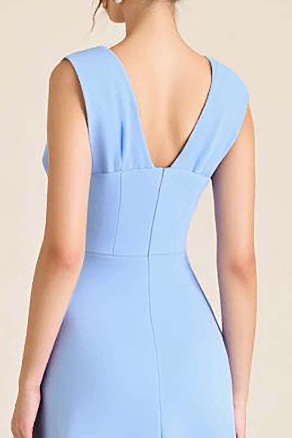 Sky Blue Wedding Guest Dress Satin Sheath V Neck Long Evening Dress With Flowers