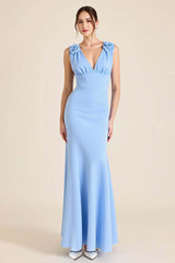Sky Blue Wedding Guest Dress Satin Sheath V Neck Long Evening Dress With Flowers