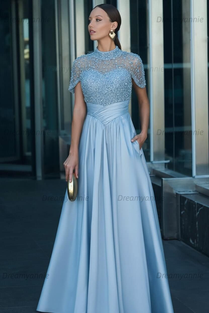Green A Line Prom Dress Short Sleeve High Neck Beaded Evening Dress