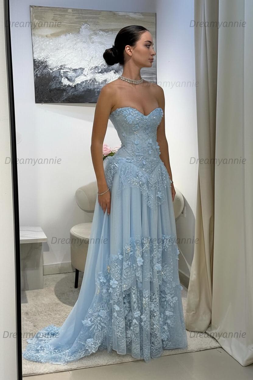 Yellow Lace A Line Prom Dress Sweetheart Lace Appliqued Formal Evening Dress with 3D Flowers