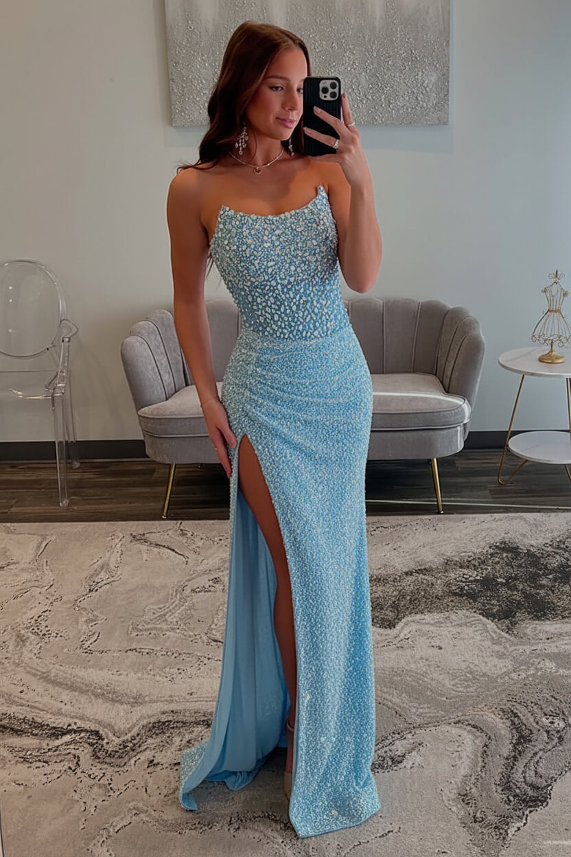 Dreamyannie Champagne Prom Dress Strapless Sheath Beaded Long Formal Dress With Slit