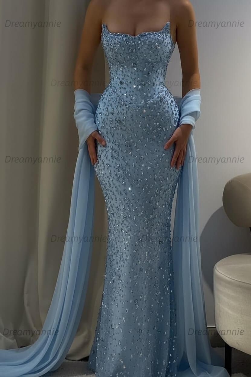 Pink Mermaid Prom Dress Strapless Beaded Evening Dress