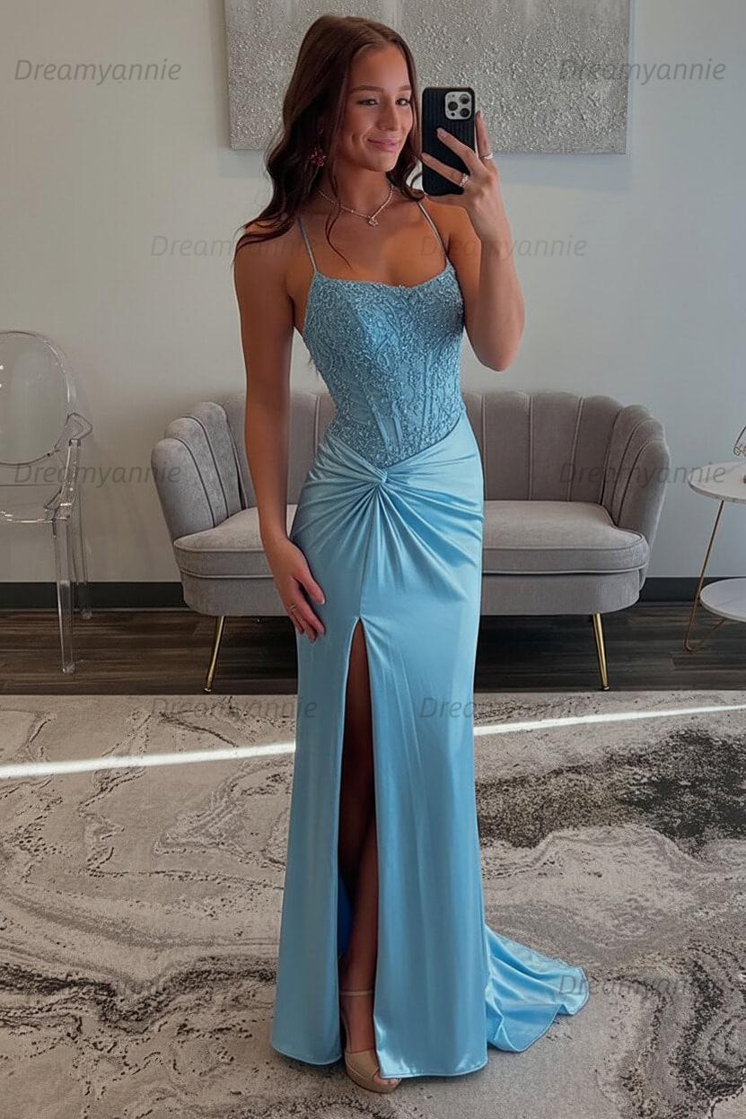 Dreamyannie Red Prom Dress Spaghetti Straps Ruhed Long Lace Formal Dress With Appliques