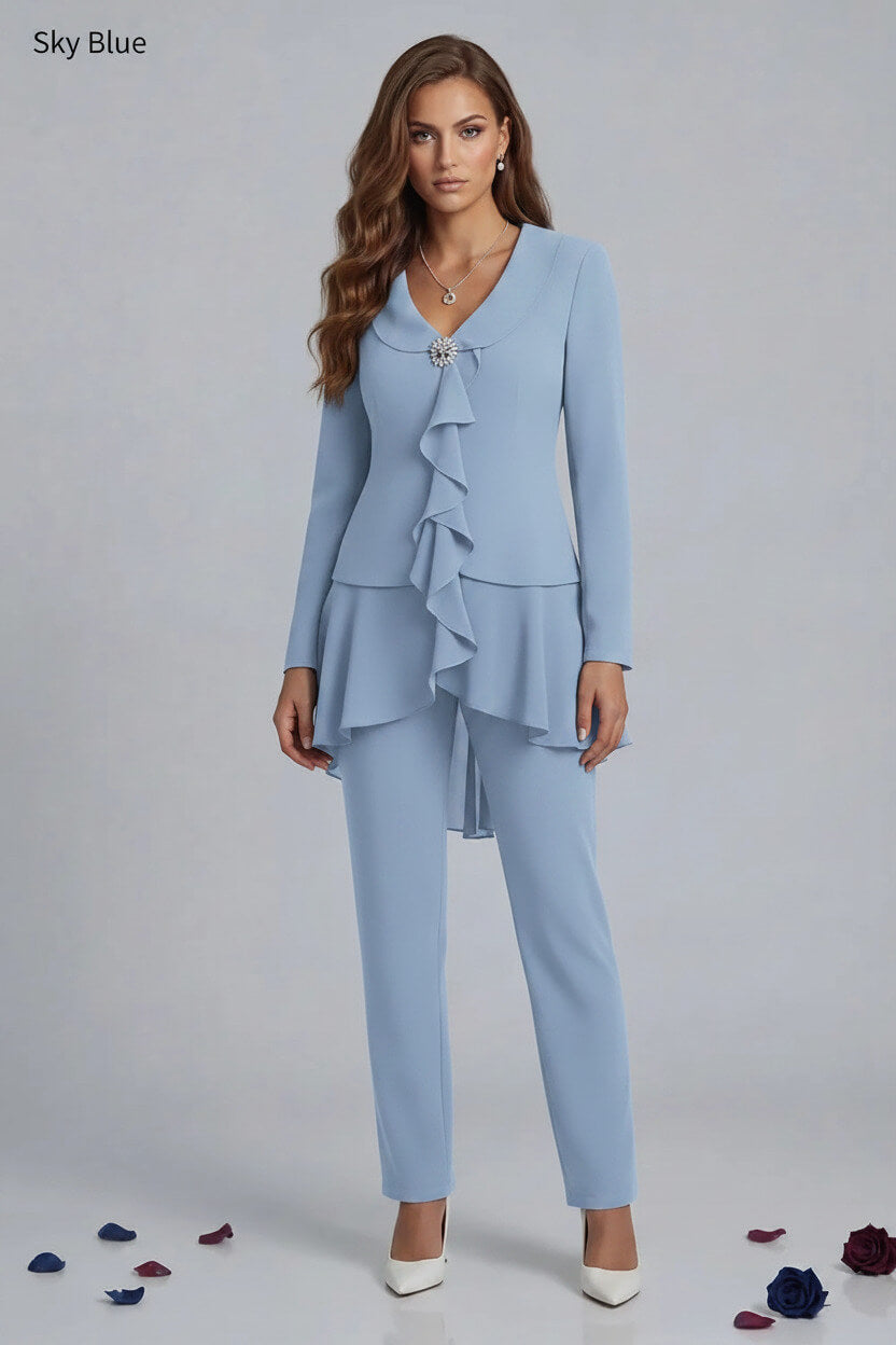 Dreamyannie Navy V Neck Ruffled Chiffon 2 Piece Mother Of The Bride Pant Suits With Sleeves