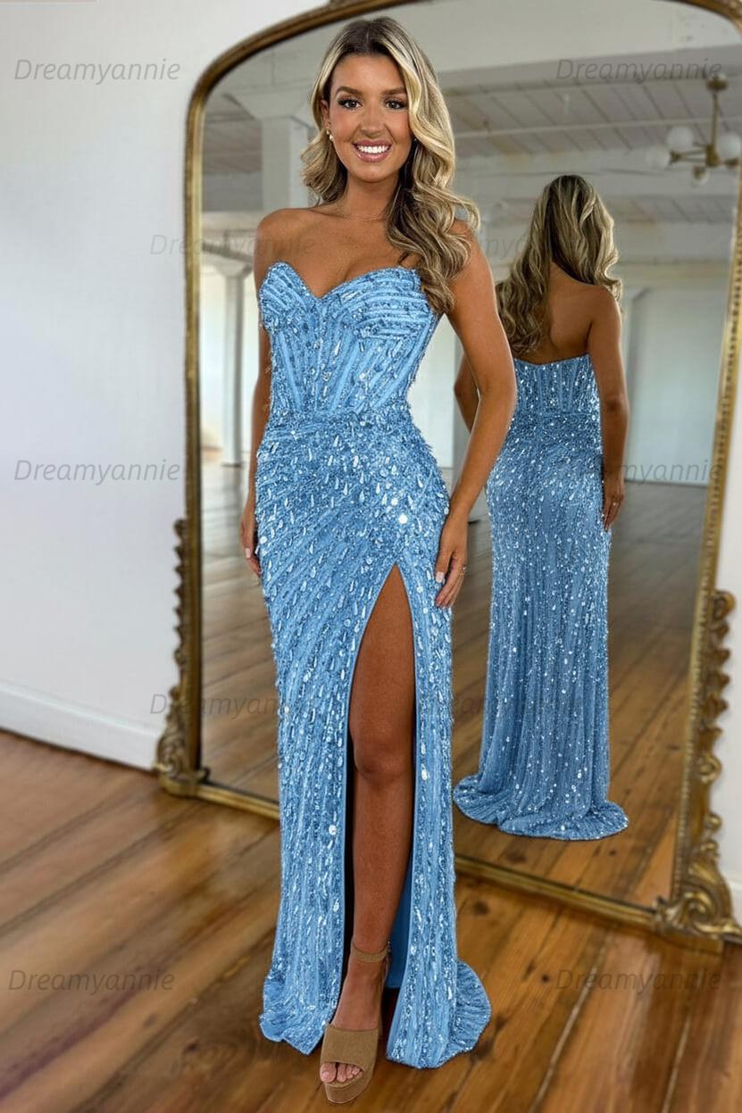 Sweetheart Mermaid Sequined Prom Dress With High Slit Skirt Evening Gown