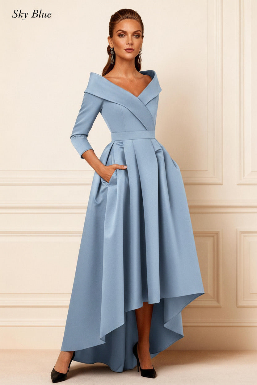 Dreamyannie Dark Navy V Neck Satin High Low Mother Of The Bride Dress With Pockets