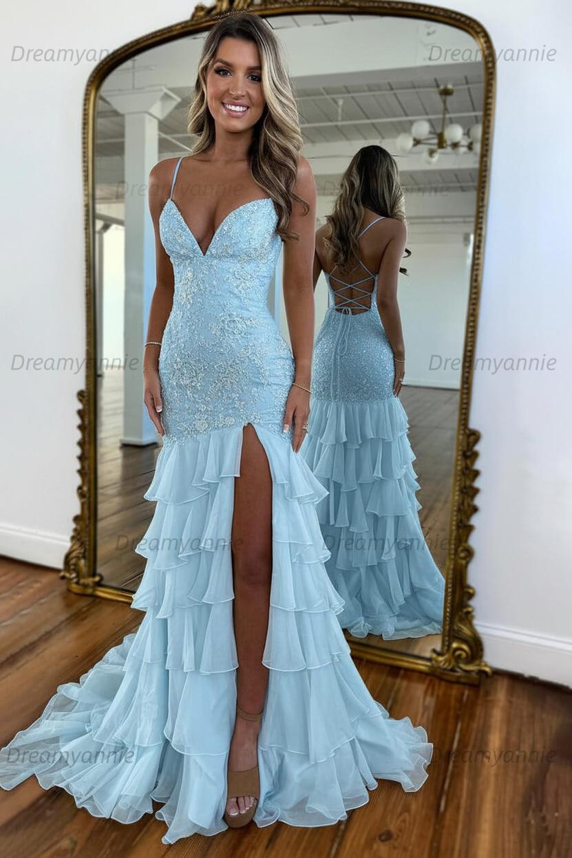 Charming Mermaid Spaghetti Straps Lace Up Long Prom Dress With Ruffle Skirt Formal Evening Gown