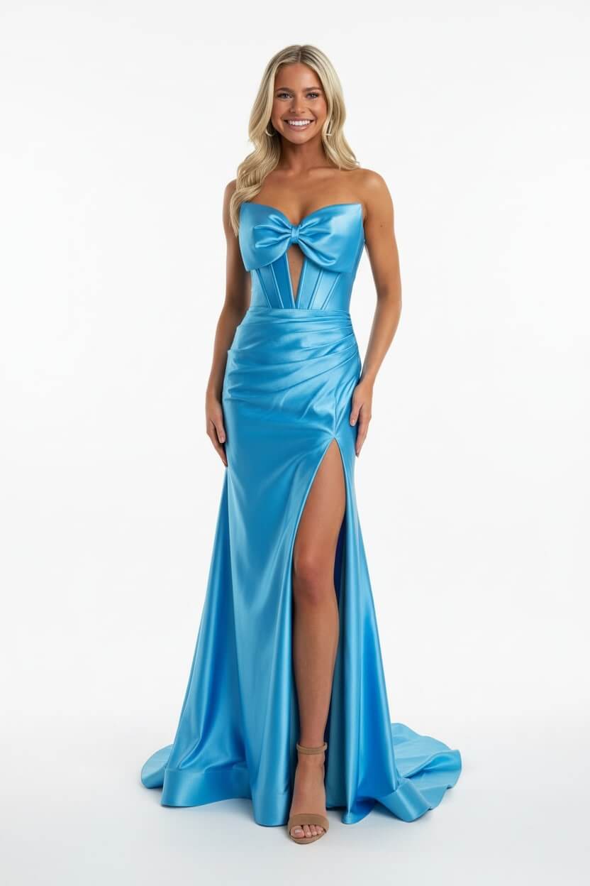 Dreamyannie Corset Red Prom Dress Satin Sweetheart Evening Dress With Slit
