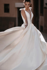 Sleek Ball-Gown Satin V-Neck Bridal Gowns