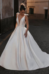 Sleek Ball-Gown Satin V-Neck Bridal Gowns