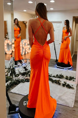 Sleek Orange Mermaid Gown With Criss Cross Back And Smooth Satin Finish Prom Dress Formal Evening Gown