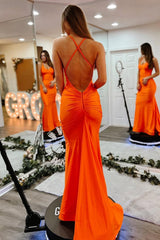 Sleek Orange Mermaid Gown With Criss Cross Back And Smooth Satin Finish Prom Dress Formal Evening Gown