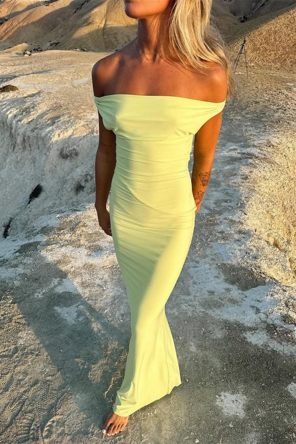 Sleek Pastel Yellow Off-Shoulder Mermaid Silhouette Prom Dress Formal Evening Gown