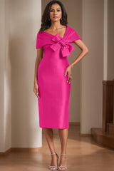 Sleeveless Off-The-Shoulder Knee-Length Satin Sheath Dress with Bow(s) for the Mother of the Bride